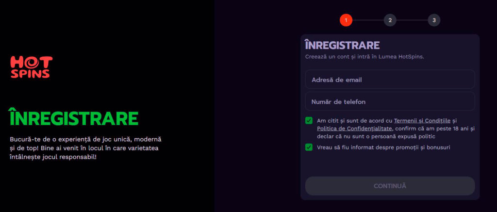 formular de înregistrare hotspins
